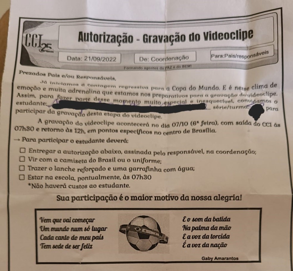 Reprodução do pedido de autorização da escola do DF enviado aos pais sobre passeio  — Foto: Arquivo pessoal 